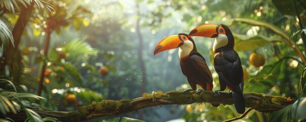 Colorful toucans in vibrant Amazon jungle, 4K hyperrealistic photo