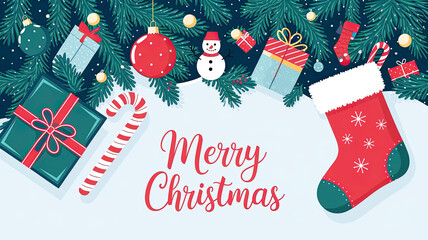 Wall Mural - merry christmas greeting card with pine tree branches, stocking, gifts, snowman, candy cane and xmas