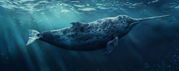 Mystical narwhal with its long, spiraled tusk, 4K hyperrealistic photo