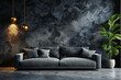 © Diep - A 3D-rendered luxury modern living room with a dark color scheme and an empty black wall serves as background for a stock photo of a home interior