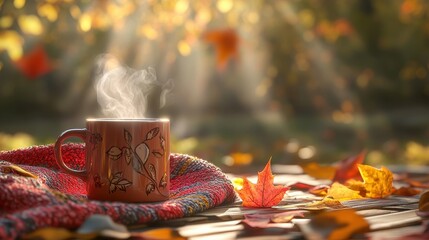 Poster - Cozy Autumn Afternoon with Steaming Cup of Tea