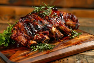 Juicy barbecued pork ribs with fresh herbs on rustic wood backdrop