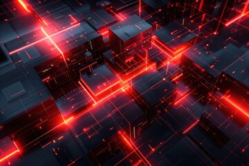 Fototapete - Abstract modern high-tech red black background. Composition of overlapping geometric shapes and lines. Array of geometric shapes that create a visualization reminiscent of a futuristic cityscape.	