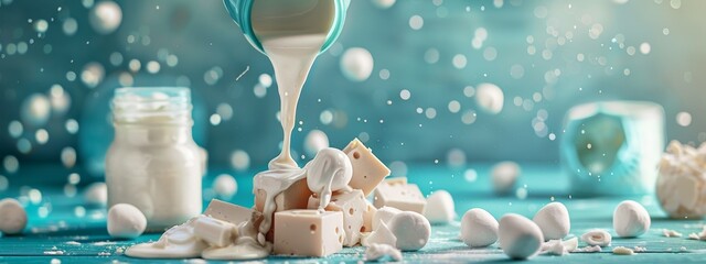 Creamy cheese cubes with fresh cream splashing around on a wooden table