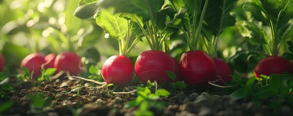 Fresh radishes with leaves in natural setting, 4K hyperrealistic photo