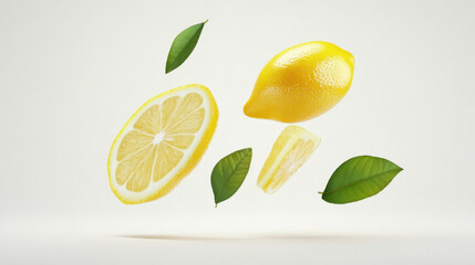 Wall Mural - Yellow lemon slices falling with green leaves isolated on white background