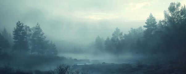 Canvas Print - A tranquil foggy morning shrouding the landscape in mist, 4K hyperrealistic photo