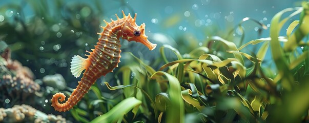 Sticker - Seahorse clinging to swaying seaweed, 4K hyperrealistic photo