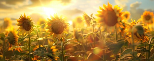 Canvas Print - Sunlit sunflowers standing tall in a field, 4K hyperrealistic photo