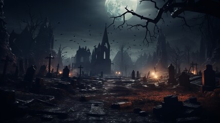 A graveyard with a castle in the background and a full moon in the sky. Scene is eerie and mysterious. Halloween background.