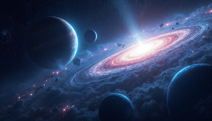 Distant galaxies with planets and cosmic clouds in a dark, mystical space scene