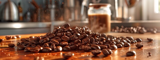 Wall Mural - Roasted coffee beans scattered on a wooden table in warm kitchen lighting