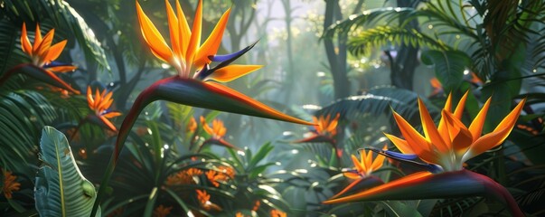 Sticker - Exotic bird of paradise flowers in tropical garden, 4K hyperrealistic photo