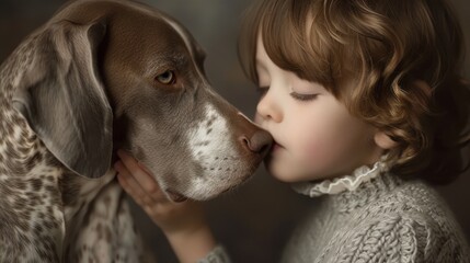 A girl with her brown Weimaraner puppy, sitting together as close friends, with the dog's cute grey face in focus