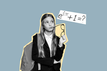 Canvas Print - Composite photo collage of minded girl hold glasses think solution physics lesson formula education study isolated on painted background