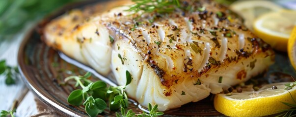 Wall Mural - Baked cod with herbs and lemon, 4K hyperrealistic photo