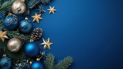 festive cobalt blue background with christmass decoration and copy space, happy new year