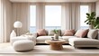© Roto - White minimal living room design. white color wall , white ceiling, white minimal sofa against white wooden bookshelf, white interior lightened .Modern living room. Minimalist interior design. Japan