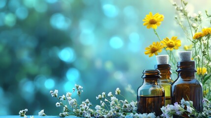 Essential oil bottles amid blossoms with sunlit floral background