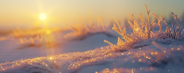 Canvas Print - Winter sunrise casting golden light on snow, 4K hyperrealistic photo