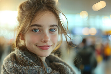 a teenage girl, her eyes sparkling with excitement, eagerly awaits her international flight in bustl