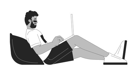 Wall Mural - African american man working on laptop black and white 2D line character. Freelance benefits. Black male with pillow doing remote job solated vector outline person. Monochromatic spot illustration