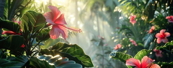 Wall Mural - Sunlit garden with hibiscus and tropical plants, 4K hyperrealistic photo