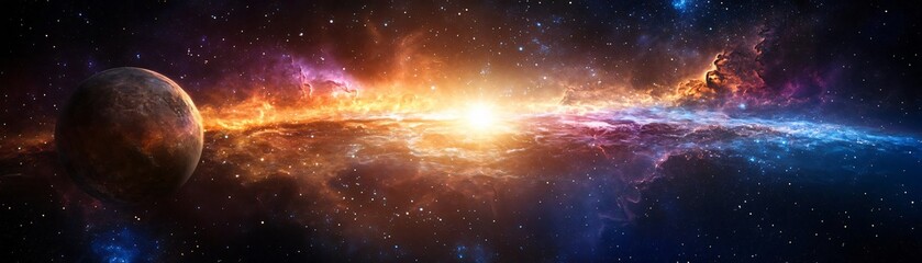 a vivid cosmic scene showcasing a planet amidst a colorful cosmic explosion, representing the beauty