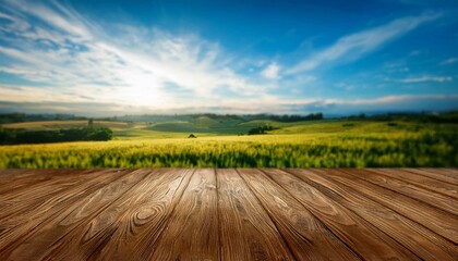 Wall Mural - The empty wooden brown table top with blur background of farmland and blue sky. Exuberant image.
