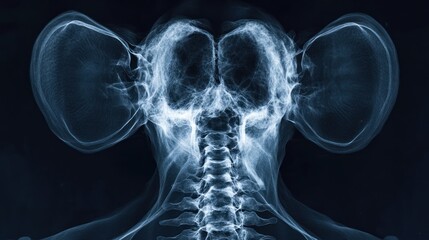 Canvas Print - X-ray image of a human skull and spine, showing the ears, jaw, and vertebrae.