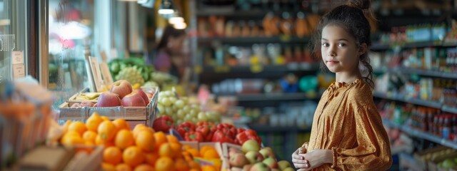 Wall Mural - Young girl in a grocery store filled with fresh fruits and vegetables