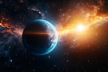Wall Mural - vibrant cosmic scene depicting a planet in space, illuminated by a distant sun, surrounded by colorf