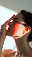 Poster - A young woman with her eyes closed and hand on her forehead, illuminated by red light.