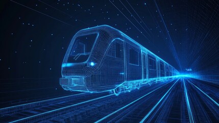 Abstract polygonal 3d wireframe of modern train at railway station or metro. Digital vector mesh looks like starry sky. Rapid transit system, transportation, railway logistics concept in dark blue