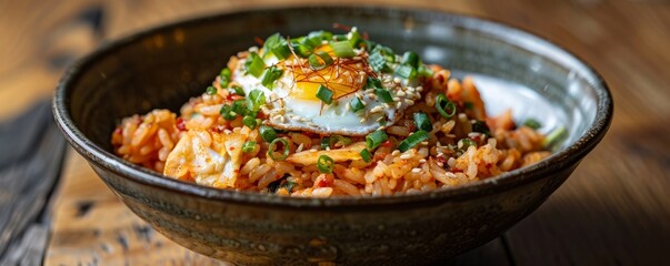 Wall Mural - Spicy kimchi fried rice in bowl, 4K hyperrealistic photo