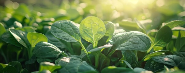 Fresh green spinach leaves in sunlight, 4K hyperrealistic photo