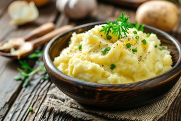 Bowl of mashed potatoes seasoned with fresh herbs and black pepper sitting on a rustic wooden table