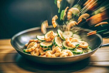 Shrimp Tossing in a Pan with Zucchini