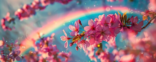 Wall Mural - Vibrant rainbow over blooming cherry blossoms, 4K hyperrealistic photo