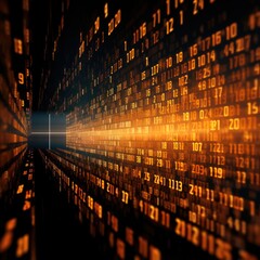 Orange binary code on dark, creating an atmosphere of data technology and cyber security. Focus on the binary number texture with copy space for photo 