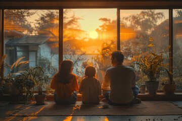 Family enjoying a sunset together inside a cozy home surrounded by plants and natural light