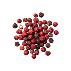 Close-up of dried red peppercorns on white background. Spicy and aromatic seasoning ideal for culinary recipes and food photography.