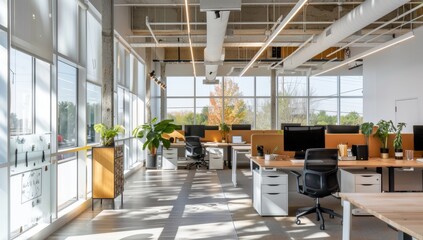 Modern conference room with a long wooden table and chairs, Contemporary open-plan office with ergonomic chairs and a bright, airy layout, open layout, wooden flooring