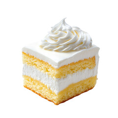 Delicious slice of vanilla layer cake with fluffy white frosting and whipped cream on top, isolated on a white background.