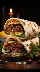 Poster - fresh grilled beef turkish or chicken arabic shawarma doner sandwich with flying ingredients  