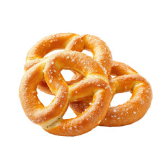 Freshly baked golden pretzels with coarse salt on top. Perfect snack for any occasion. Isolated on white background.