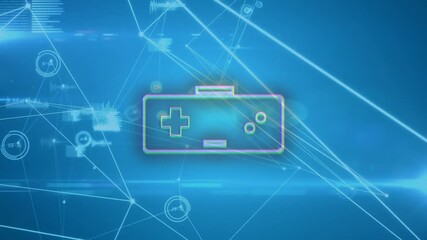 Wall Mural - Game controller icon animation over blue digital network background