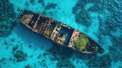 Sticker - Top view of Maldives sunken shipwreck, now home to coral growth and marine life in a bright blue sea.