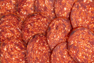 slices of salami with paprika as background, close up