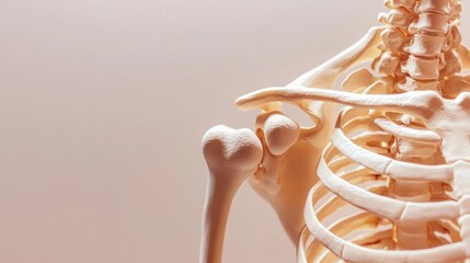 Close-up of a human skeleton's shoulder joint, showing the humerus, scapula, and clavicle bones.